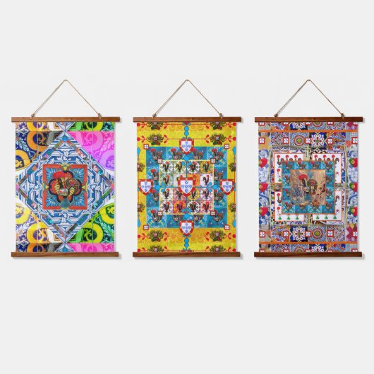 ポルトガル語フォークアートデザイン 吊り下げ型タペストリー (トリプル)