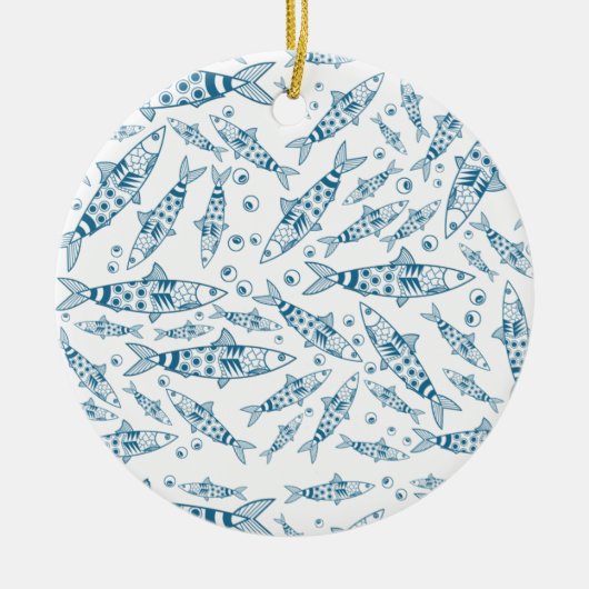 ポルトガル語リスボンイワシ模様アズレヨス白 セラミックオーナメント (正面)