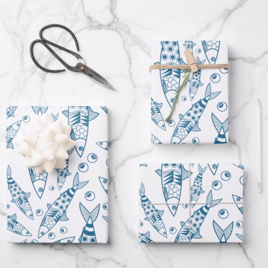 ポルトガル語リスボンイワシ模様アズレヨス白 ラッピングペーパーシート (正面)