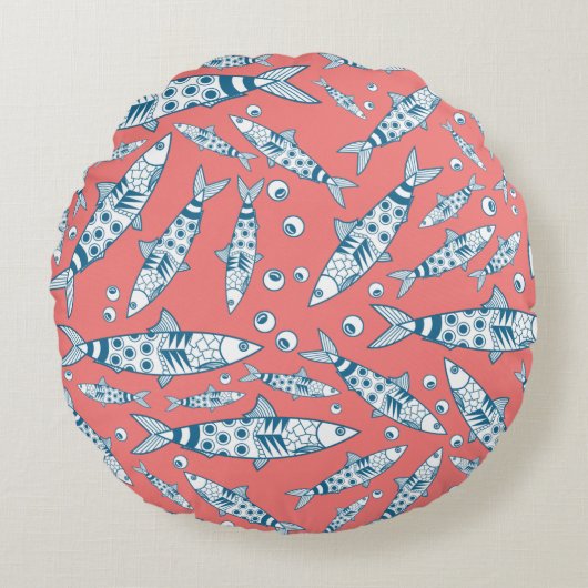 ポルトガル語リスボンサーディンパターンアズレジョスピンク ラウンドクッション (正面)