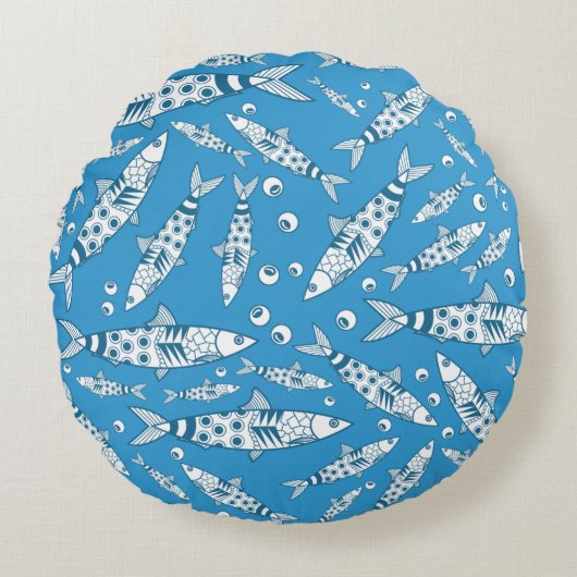 ポルトガル語リスボンサーディンパターンアズレジョスブルー ラウンドクッション (正面)