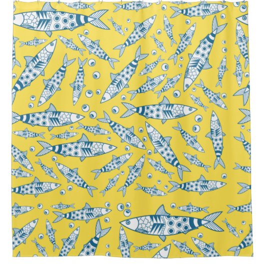 ポルトガル語リスボンサーディンパターンアズレジョス黄色 シャワーカーテン (正面)