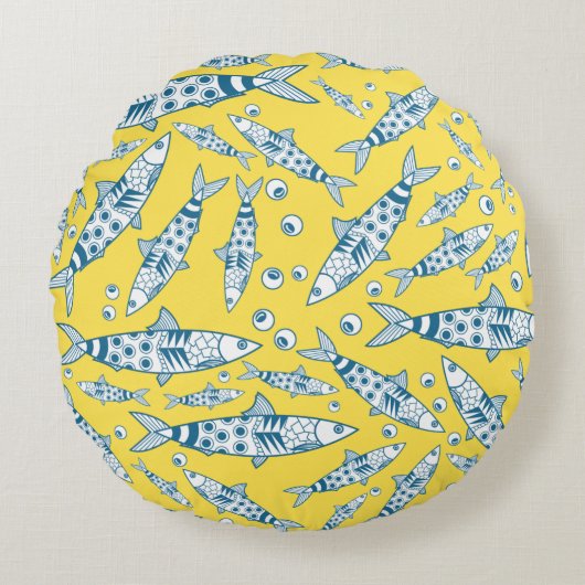ポルトガル語リスボンサーディンパターンアズレジョス黄色 ラウンドクッション (正面)