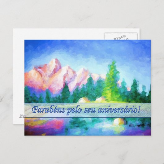 ポルトガル語誕生日ピンクマウンテンブルーポストカード ポストカード (正面/裏面)