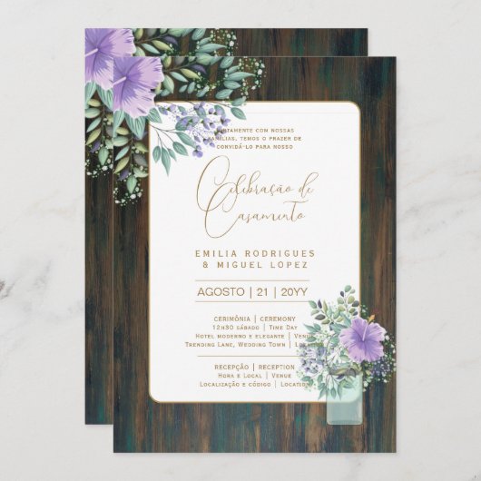 ポルトガル語 | 花 結婚式 フォーク ローカルスタイル 招待状 (正面/裏面)