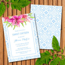 ポルトガル語（青）アズレジョのタイル・リリー16誕生日 招待状