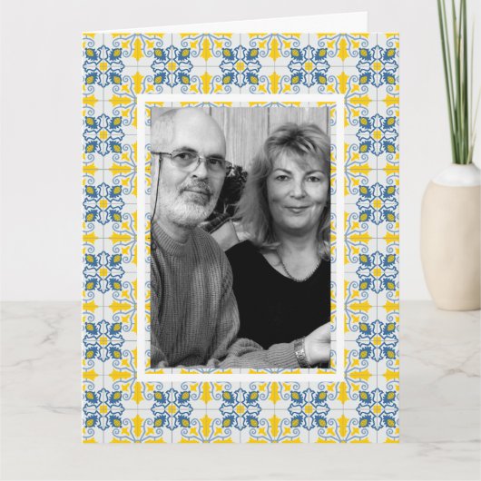 ポルトガル風タイルの家族写真フレーム　クリスマスカード カード (正面)