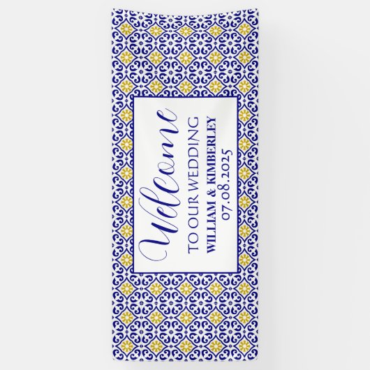 ポルトガル風タイル ブルー ラスティック エレガント ウェディング 横断幕 (縦)