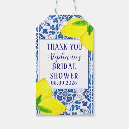 ポルトガル風タイル レモン メディテレーニアンスタイルのウェディングシャワー ギフトタグ (正面)
