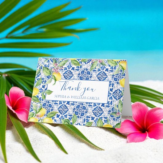 ポルトガル風タイル レモン 花柄 結婚式 ありがとう サンキューカード