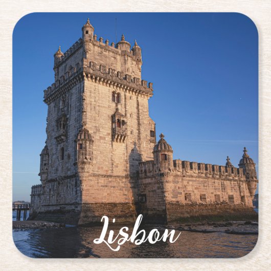 ポルトガル，リスボンの夕暮れのベレムタワー スクエアペーパーコースター (正面)