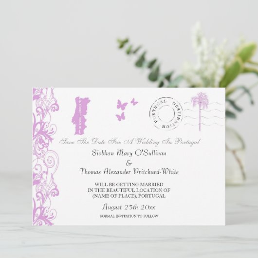 ポルトガル　結婚式の延期を知らせるカード　プラムと白 セーブザデート (スタンド正面)