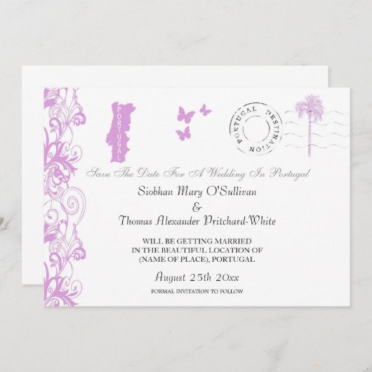 ポルトガル　結婚式の延期を知らせるカード　プラムと白 セーブザデート (正面/裏面)