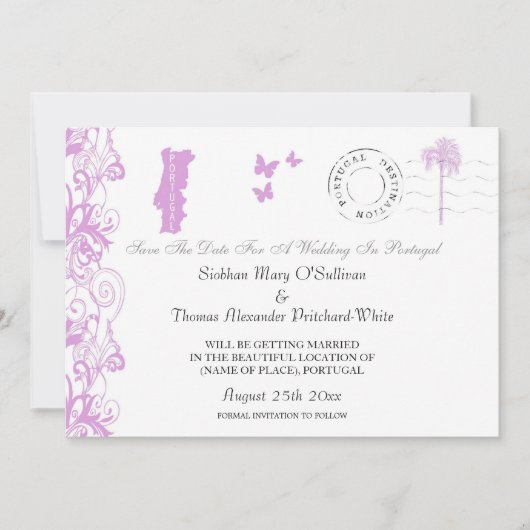 ポルトガル　結婚式のSave the Dateカード（プラムと白） セーブザデート (正面)