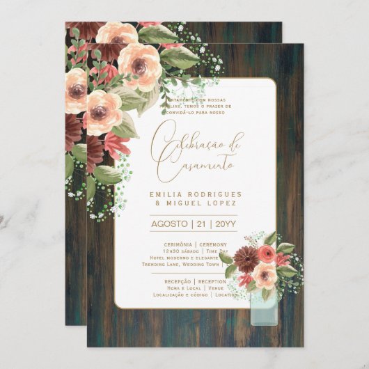 ポルトガル | Casamento Flores Folclroricas Rustica 招待状 (正面/裏面)