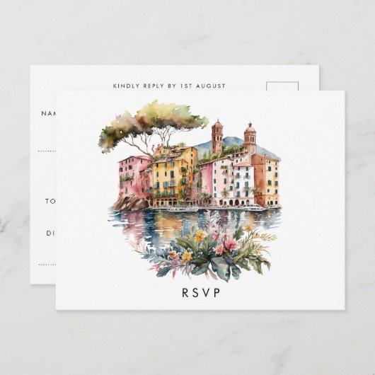 ポルトフィイタリアンノの夏の結婚式の出欠 インビテーションポストカード (正面/裏面)