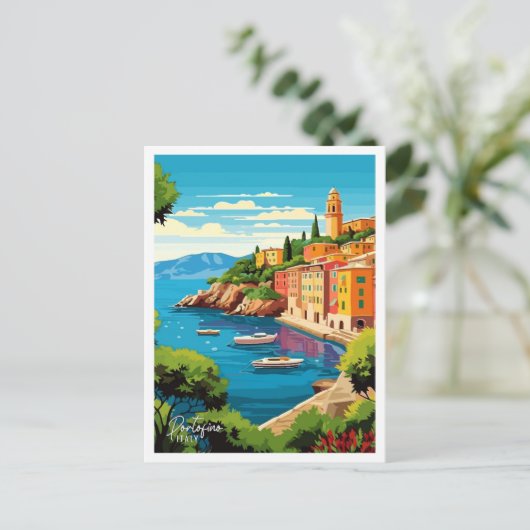 ポルトフィノイタリアアートヴィンテージトラベルイラストレーション ポストカード (スタンド正面)
