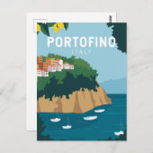 ポルトフィノイタリアレトロトラベルアートヴィンテージ ポストカード (正面/裏面)
