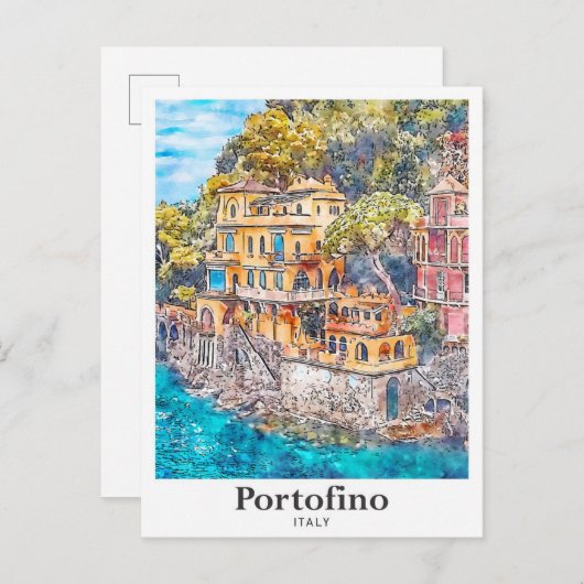 ポルトフィノイタリア旅行水の色の手描き ポストカード (正面/裏面)