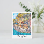 ポルトフィノイタリア旅行水の色の手描き ポストカード (スタンド正面)