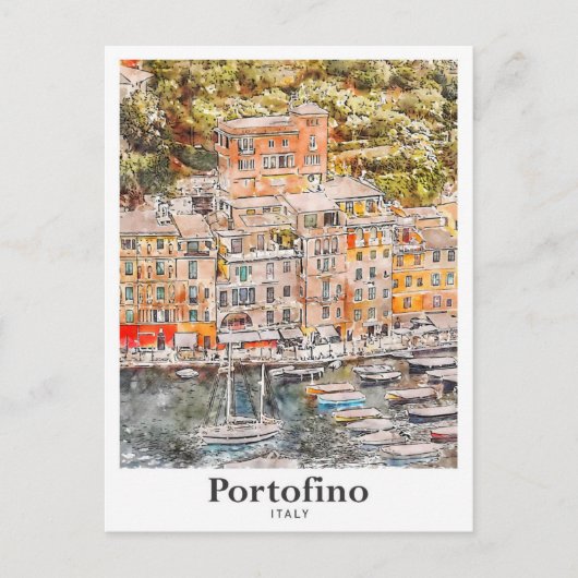 ポルトフィノイタリア旅行水の色の手描き ポストカード (正面)