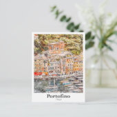 ポルトフィノイタリア旅行水の色の手描き ポストカード (スタンド正面)