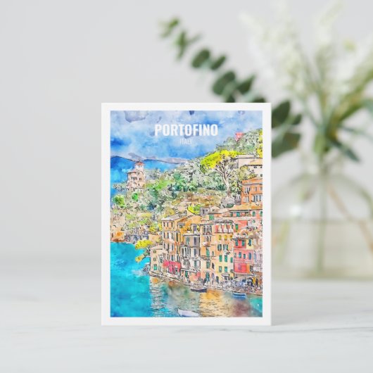 ポルトフィノイタリア有名な旅行プレイスウォーターカラー ポストカード (スタンド正面)
