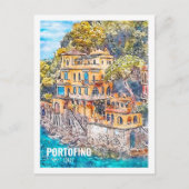 ポルトフィノイタリア有名な旅行水の色のスケッチ ポストカード (正面)