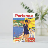 ポルトローズのビーチの少女、ヴィンテージ旅行 ポストカード (スタンド正面)