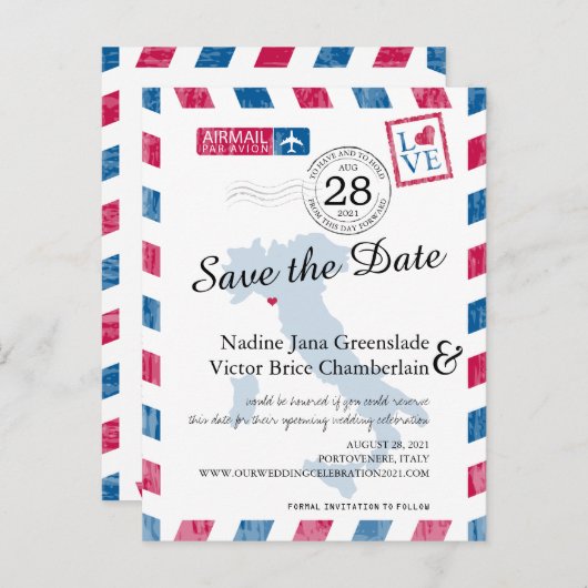ポルトヴェネレイタリアレッドブルーエアメール日付を保存 案内ポストカード (正面/裏面)