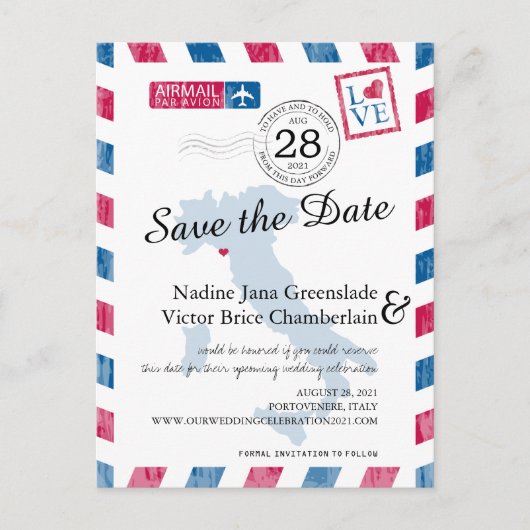 ポルトヴェネレイタリアレッドブルーエアメール日付を保存 案内ポストカード (正面)