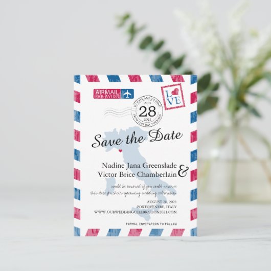 ポルトヴェネレイタリアレッドブルーエアメール日付を保存 案内ポストカード (スタンド正面)