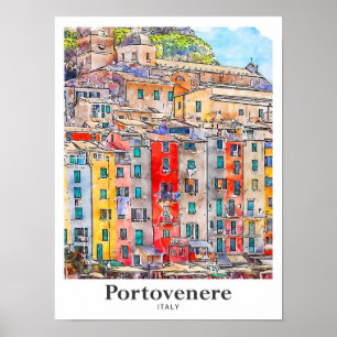 ポルトヴェネレイタリア旅行水の色の手描き ポスター