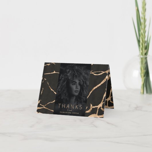 ポルトーロ黒大理石モダンゴールドフォトグラッド サンキューカード (正面)