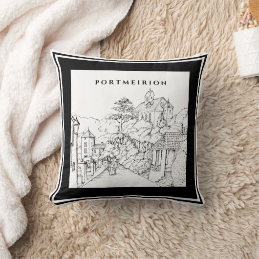 ポルメイリオンノースウェールズのペンインクスケッチ白黒 クッション (ブランケット)
