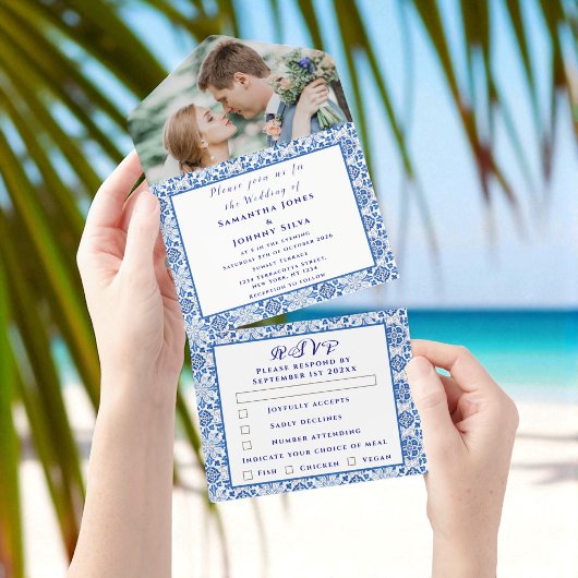 ポル地中海のガル写真の結婚タイル オールインワン招待状