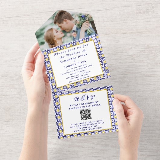 ポル地中海のガル写真の結婚タイル オールインワン招待状 (貼ってはがせる)