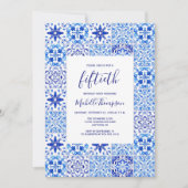 ポル素朴ガルタイルブルーホワイト50誕生日 招待状 (正面)