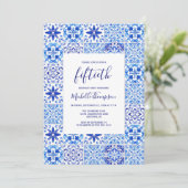 ポル素朴ガルタイルブルーホワイト50誕生日 招待状 (スタンド正面)