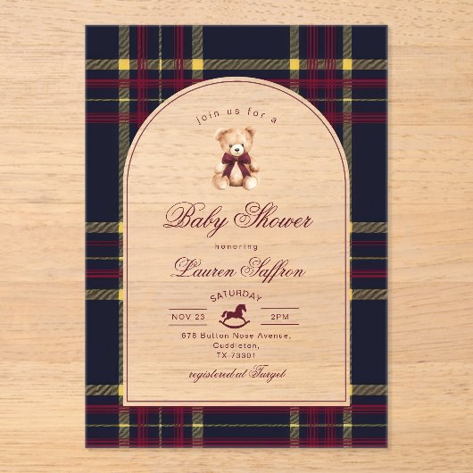 ポロテディベアワインレッドプライドアーチ赤ちゃんシャワー アクリル招待状 (正面)