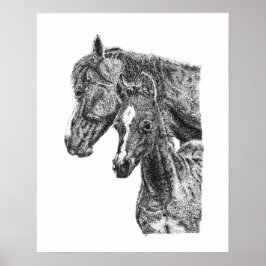 ポワンティル画の馬の赤ちゃんと母馬の絵 仔馬 馬のイラスト ポスター