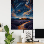 ポワンティル画法の星空のラベンダー畑 ポスター (ホームオフィス)