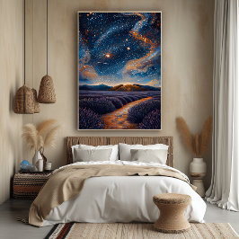 ポワンティル画法の星空のラベンダー畑 ポスター