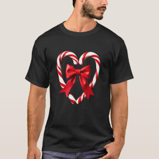 ポンポンと赤いリボンのキャンディケインハートTシャツ Tシャツ
