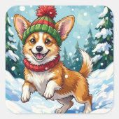 ポンポン付きの雪の中を跳ねる喜ぶコーギー犬 スクエアシール (正面)
