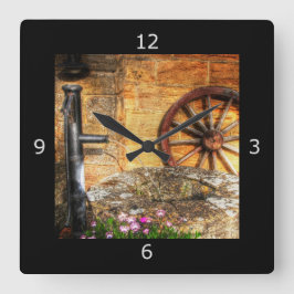 ポン素朴プ、井戸、およびカーツホイールシーン スクエア壁時計
