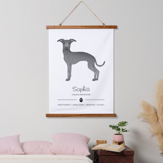ポーイタリアントと文字を持つブルーグレイハウンドカスタム 吊り下げ型タペストリー (寝室)