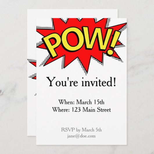 ポーウ! – スーパーヒーロー漫画ブックレッド/イエローバブル 招待状 (正面/裏面)