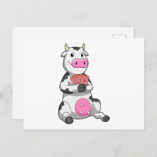 ポーカーで遊ぶ牛とトランプ ポストカード (正面/裏面)