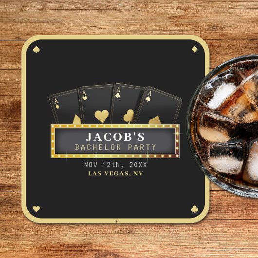 ポーカーのエース ブラック＆ゴールド バチェラーパーティー スクエアペーパーコースター